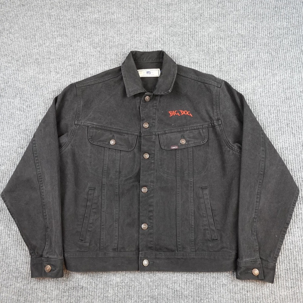 Lee Jacket Mens Medium Black Denim Big Dog Motorcycles Biker Graphic Embroidered